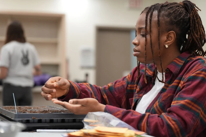 A young woman planting seeds in trays