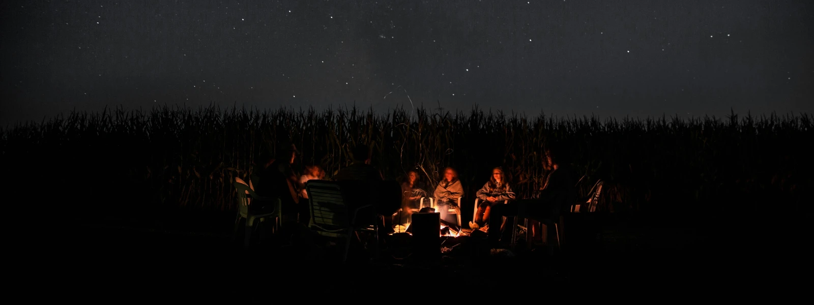 People sitting around a campfire with trees in the distance, under a starry night sky