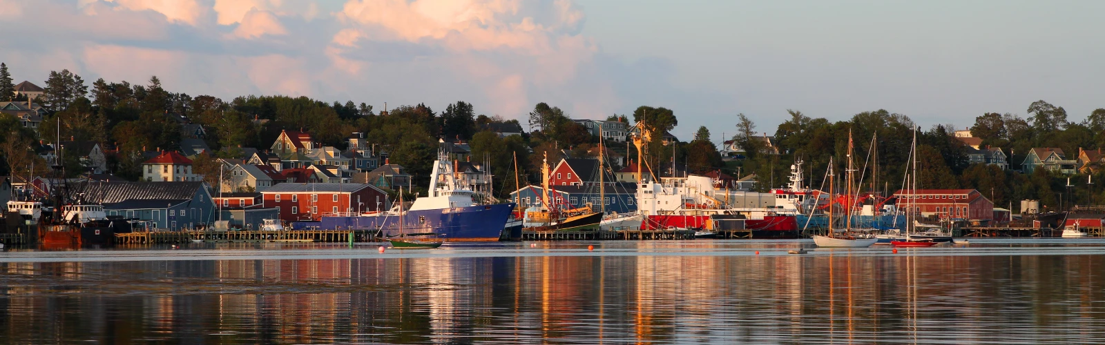 Fishing trawlers lined up in a quiet bay with a small village behind them.